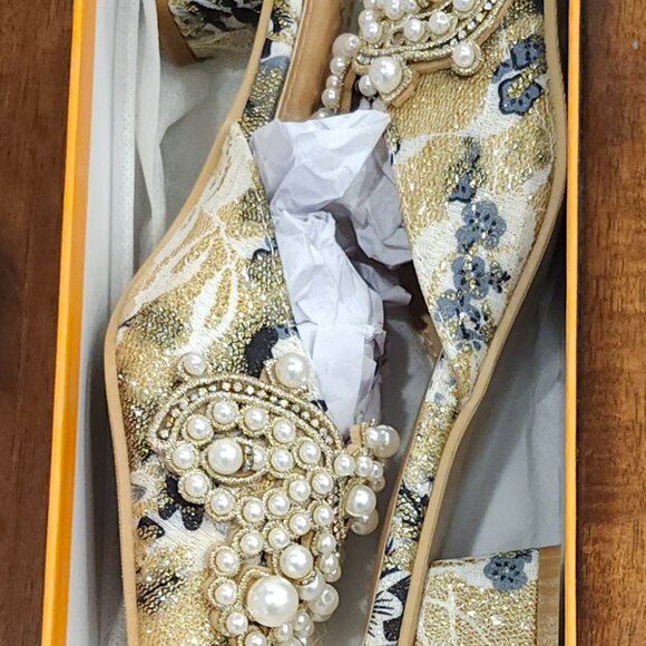 Women's Pointed Toe Kitten Heels Mules Sandals Slip On Pearls Decor Backless NIB - Picture 6 of 9